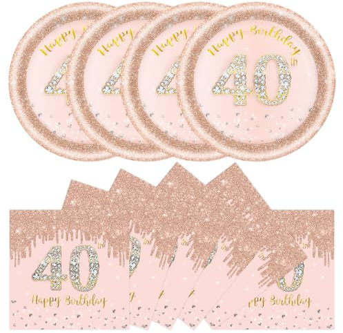 DHAIQC 50 Pcs 40th Birthday Paper Plates and Napkins Party Supplies, 7 Inch Rose Gold 40th Party Plates and Napkins Tableware Set for Women Girl Anniversary 40 th Birthday Decorations (40th)