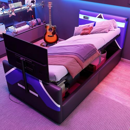 DACHETOU Cama para videojuegos, 90 x 200 cm, color negro, con funda de piel sintética con aspecto de bloque de color, espacio de almacenamiento hidráulico y soporte de TV integrado, sin colchón