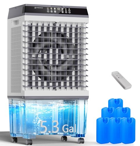Uthfy Evaporative Air Cooler, 3-in-1 Swamp Cooler with 12L Water Tank, 6 Ice Packs, Remote Control, 12-Hour Timer, 120° Oscillation, Fan