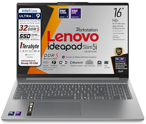 Lenovo, pc portatile Notebook, Ultra9 185H,16 Core, Ram DDR5 32Gb, Display WUXGA 16 IPS FHD+, SSD 1Tb (2 X 512Gb), Wi-Fi 6, Bt, USB Thunderbolt, WebCam FHD, Tastiera retroilluminata, Pronto all'Uso