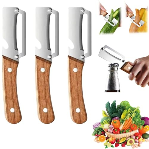 Zero Snag Holzschäler, Sparschäler mit Holzgriff,2 in 1 Multifunktionaler Küchen Schäler Gemüseschäler und Flaschenöffner für Obst Gemüse und Picknick (2)