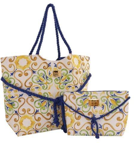 Camomilla Milano Set Borsa Mare Donna + Busta, Tessuto, Collezione Maioliche, Misura L, Colore Blu