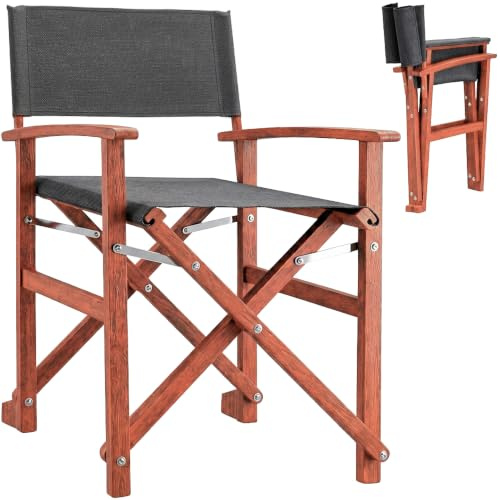 Anthracite Wooden Folding Directors Garden Chair with Arms 160 kg Capacity | Foldable Eucalyptus Wood Garden Chair with Fabric Seat for Patio Balcony Camping Decking Outdoor Dining and Furniture Use