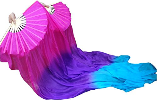 Winged Sirenny 180cm Echte Seide Fächerschleier Bauchtanz Seide Paar, Fächer mit Stoff Schleier (rosa/violett/türkis)