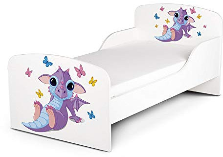 Leomark Funktionsbett aus Holz - Baby Drache - Kinderbett mit Matratze, Holzbett mit Seitenschutz Lattenrost, Komplett Set für Kinderzimmer, Liegefläche 70/140 cm, UV-Druck