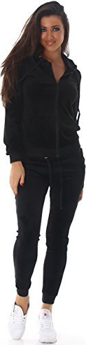 Jela London Damen Nicki Hausanzug Jogginganzug Velour Samt Jogging Freizeit Hose Kapuzen Jacke, Schwarz, 38-40 (L)