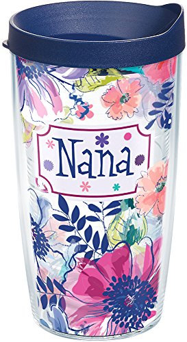 Tervis 1185238 Blue Line Floral Nana Bicchiere con involucro e coperchio blu navy, Tritan, trasparente