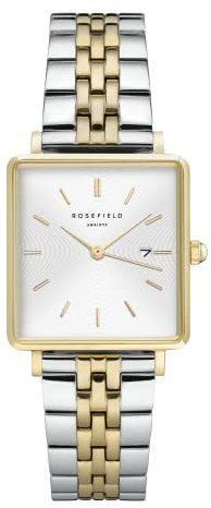 Rosefield Damenuhr The Boxy Gold Eckiges Gehäuse - Weißes Zifferblatt mit Silber & Goldenem Band QVSGD-Q013