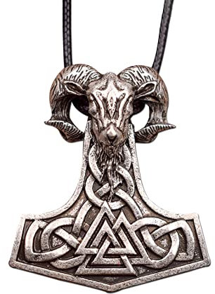 HAQUIL Mjolnir Necklace - Metal Alloy Viking Goat Head Valknut Thor's Hammer Pendant - PU Leather Cord, 19.7