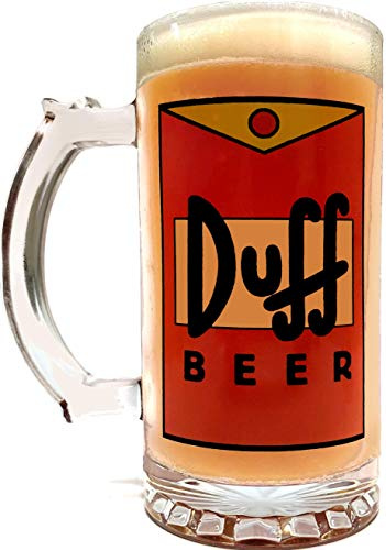 Mean Muggin Duff Bierkrug – 473 ml – inspiriert von den Simpsons – dickes, hochwertiges klares Glas – Kunstwerk auf beiden Seiten – Geschenkschaumschutz