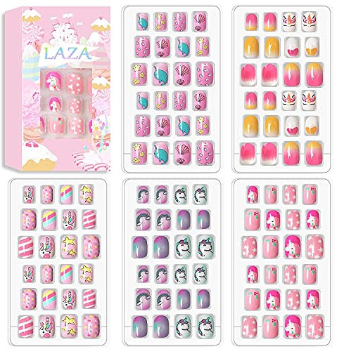 Laza 120 Pcs Children Nails Press On Kids False Nail Pre-glue Full Cover Colorful Rainbow Sparkle Star Unicorn Shell Short Acrylic Nail Tips DIY Gift for Little Girls Teenager - Legend of Unicorn