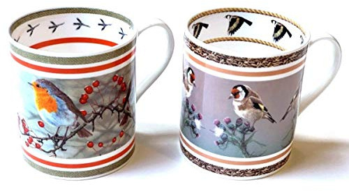 Robert E Fuller Goldfinch & Robin | Set 2 Fine Bone China Mugs by Wildlife Artist British Wildlife Artist | Microwave & Dishwasher Safe | Gift Boxed