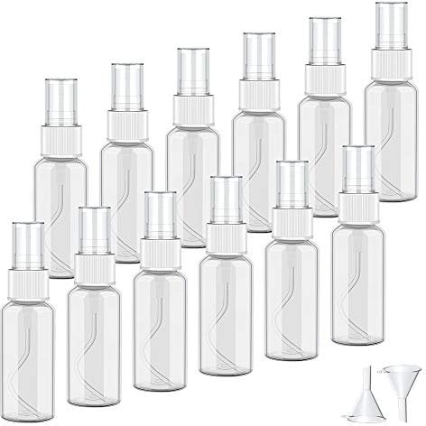 Qoosea 12*30ML Flacon Vaporisateur, Bouteille de Spray Vide Pulvérisateurs Atomiseur, Plastique Transparent Réutilisables Bouteille de Voyage Vide De Poche avec 2 x entonnoirs et 1 x étiquette (30ml)