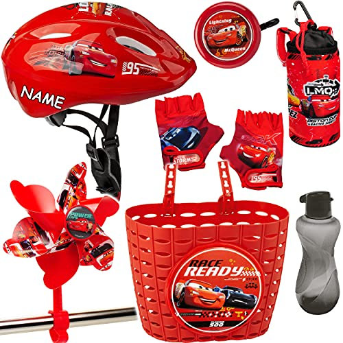 alles-meine.de GmbH XXL Fahrradset: Kinderhelm + Fahrradkorb + Fahrradflasche mit Halterung + Fahrradklingel + Handschuhe___ Cars - Auto - Lightning McQueen - inkl. Name - Gr. 5..