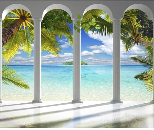 decomonkey - Papier Peint Panoramique Mer île 400x280 cm - Décoration murale moderne – Tapisserie décorative pour chambre salon - L'architecture mer palmiers l'eau îles