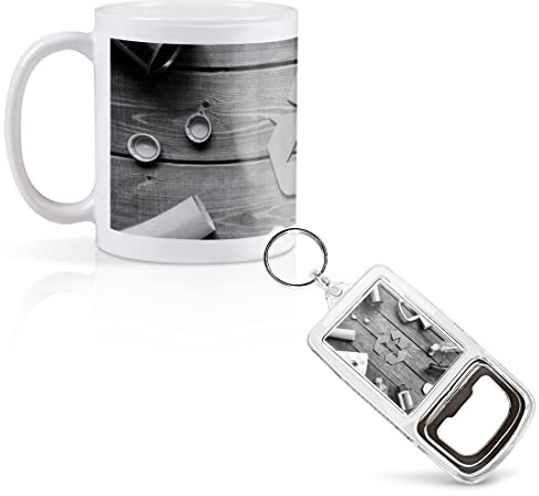 1 x 11oz (284ml) White Ceramic Mug Cup & 1 x Bottle Opener Keyring - BW - Eco Recycling Symbol Sign Bins Design for Coffee Tea Drinks Kitchen Birthday Office #42828