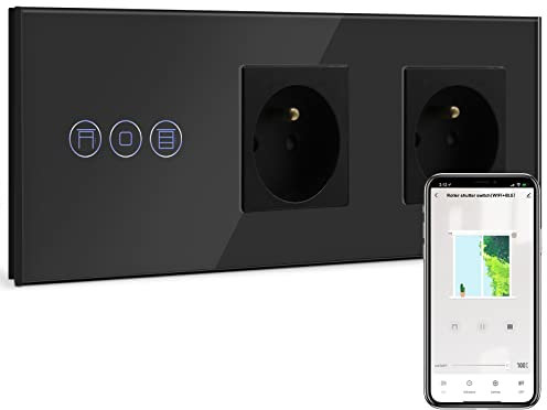 BSEED Double Prise Murale Normale avec Alexa Interrupteur Volet Roulant Connecté,WiFi Interrupteur Volet Roulant,Compatible avec Amazon Alexa et Google Home,Contrôle Vocal et Fonction de Temps Noir