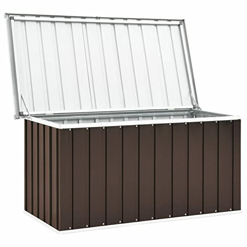Gecheer Gartenbox Auflagenbox Kissenbox Aufbewahrungsbox Truhe Box Metallgerätehaus Metall-Gerätebox Gartenmöbel Gartenkasten Gartentruhe Werkzeugkasten Outdoor Schrank Braun 129 x 67 x 65 cm