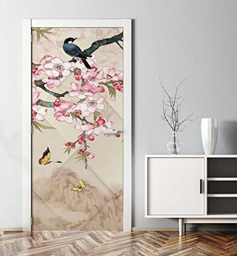MyMaxxi - Tür bekleben mit Türtapete Türposter Türfolie Selbstklebend 90x200 blühender Blütenzweig mit Vögel - Tür verschönern Türaufkleber Türklebefolie Baum Blume rosa