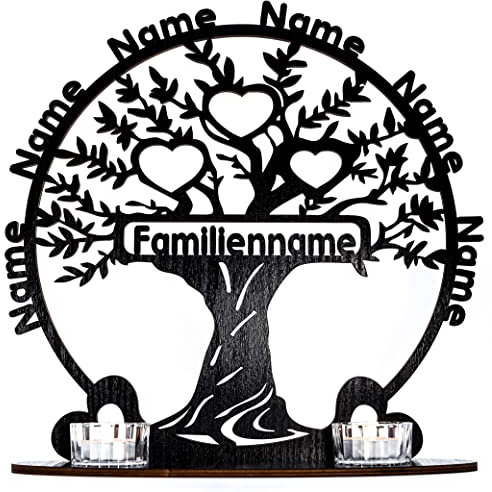 Waluna® Lebensbaum Teelichthalter personalisiert mit bis zu 6 Namen Familienbaum mit Familienname Stammbaum Kerzen in 12 Farben Tischdeko