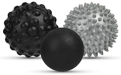 URAQT 3 Pièces Balles de Massage, Balles à Picots, PU Massage de Trigger Point, Boule Myofasicale, Lacrosse massage ball pour la relaxation musculaire ultime, l'automassage, Noir+Gris