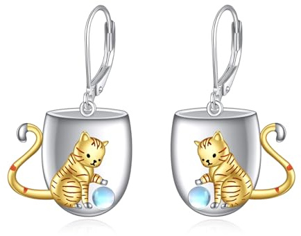 YFN Boucles d'oreilles en forme de chat en pierre de lune pour femmes - Argent sterling - Pour filles, Mittel, Argent sterling, Zircone cubique