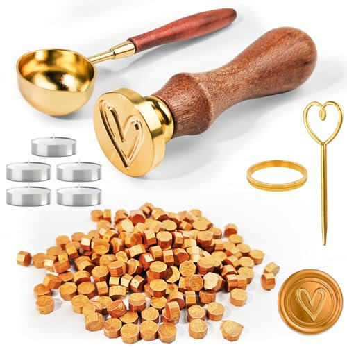 CoKeeSun 200pc Sealing Wax Beads Set - Gold Wax Seals, Octagon Stamp Set with 5 Tea Candles, Melting Spoon, Mixing Rod, Mold for Wedding, Cards, Gifts