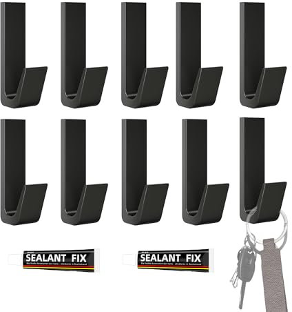 10x Adhesive Hooks Wall Hanging for Clothes, Aluminum Wall Hanger, Includes Adhesive Mass, Easy to Assemble, Flat Hook for Coats up to 10kg, Towels or Bags. Perfect for Bathroom, Kitchen or Closets.