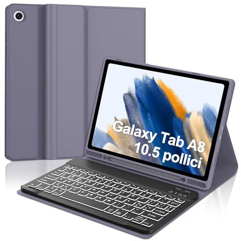 WINCHKING Custodia con Tastiera per Samsung Galaxy Tab A8, Tastiera Retroilluminata Bluetooth Magnetica Rimovibile QWERTY per Samsung Galaxy Tab A8 10.5'' 2021(SM-X200/X205/X207), Viola lavanda