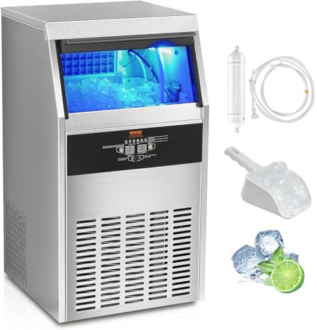 VEVOR Máquina para Hacer Cubitos de Hielo Comercial 53kg/24h, 60 Bandejas para Cubitos de Hielo Capacidad de Almacenamiento de 15 kg Autolimpieza Sin Instalación Independiente para Hogar, Restaurante