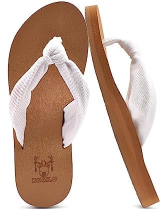 KuaiLu Flip Flops Damen Weich Stoff Zehentrenner Frauen Bade Sandalen Bequeme Füße Badelatschen Yoga Matte Fussbett Sommer Strand Zehensandalen Rutschfest Gummi Indoor Outdoor Weiß Khaki 41