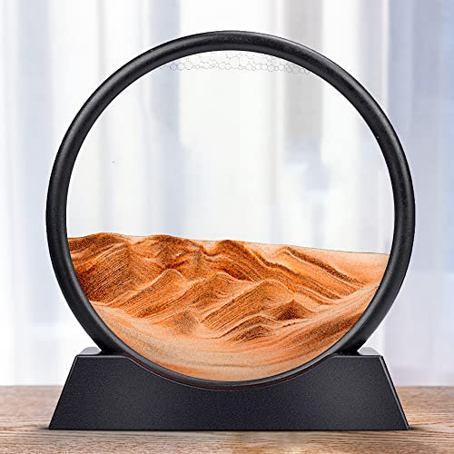 UNbit Ornement de bureau d'art de sable en mouvement, ornement de peinture de sables mouvants 7/12 pouces, image d'art de sable 3D en mouvement, sablier rond en verre, paysage de sable de mer profonde