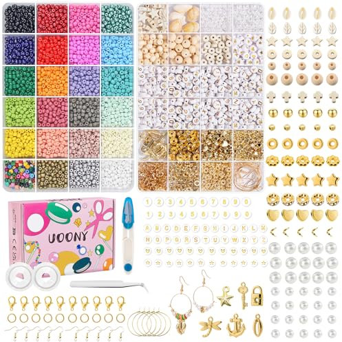 UOONY 4mm Perlen für Armbänder, 24 Bunte Morandi Glasperlen zum Auffädeln, Mini Perlenset Charm Kit mit Holzperlen, Perlen zum Auffädeln für DIY Bracelet Making Kit, Partys, Feiertage