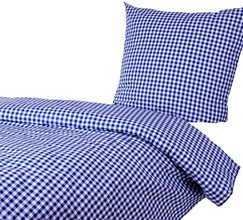 Hans-Textil-Shop Bettwäsche Kariert Blau Weiß 155x220 cm + 80x80 cm – Karierte Bettwäsche Landhausstil mit Reißverschluss aus Baumwolle