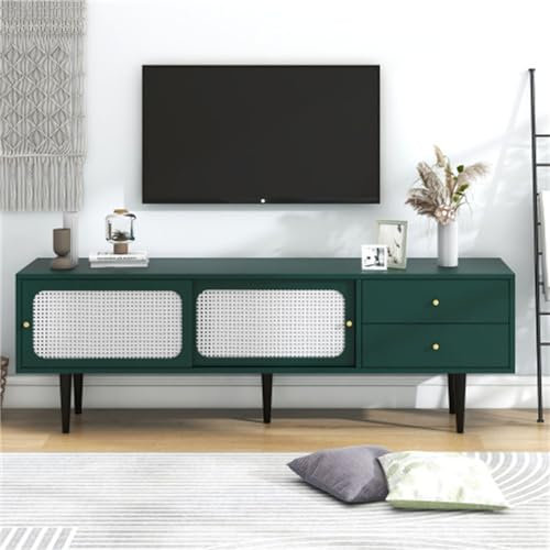Elegante Mobile TV Verde con Ante Scorrevoli in Rattan Bianco E Ripiani Regolabili, Misura 160x40x60 Cm, può Contenere Una TV da 70 Pollici, Perfetto per Il Soggiorno