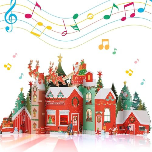 Aukuoy Musikalische Pop Up Karte Weihnachtskarten: 3D Pop-up Weihnachtskarten mit Lichtern und Musik von Merry Christmas, Pop up Grußkarte für Weihnachten inklusive Umschlag, Weihnachtsgeschenke