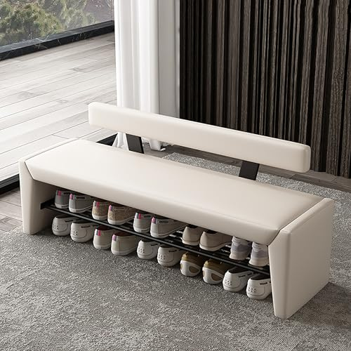 Eingangsbank mit Schuhregal-Organizer – Industrielle Schuhregalbank mit Kissen, Aufbewahrungsbank am Bettende, Eingangsbank aus Holz und Metall für Flur, Schlafzimmer, Wohnzimmer – Sitzbank(Wit,120x40