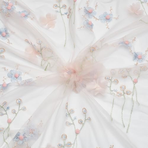 MAYJOYDIY 91x160cm Rosa 3D Bestickter Blumenstoff Besticktes Blumenmuster Rosa Pompon Netz Organza Weiche Spitze Tüllnetz Stoffe Für Stoff Basteln Kleider Röcke Nähen Hochzeit
