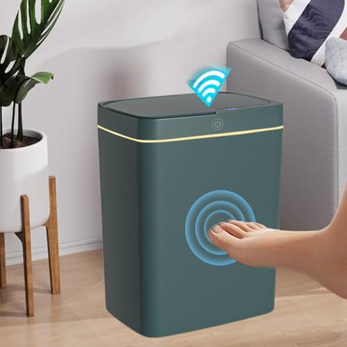 15L Sensor Bin,Smart Bathroom Bin with Lid,Plastic Bin for Kitchen Bins,Toilet Bin with Lid,Bedroom Bin,Office Bin,Living Room Bin,Slim Bathroom Bin,Bin with Lid Dog Proof Bin,Automatic Bin(Green Bin)