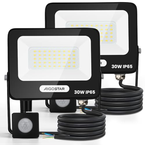 Aigostar 30W Projecteur LED Extérieur avec Détecteur de Mouvement,2 Pièces,2750LM Ultra Mince Spot LED,Lumière de Sécurité Etanche IP65 pour Interieur,Jardin,Patio,Cour,Allée,Blanche Naturelle 4000K