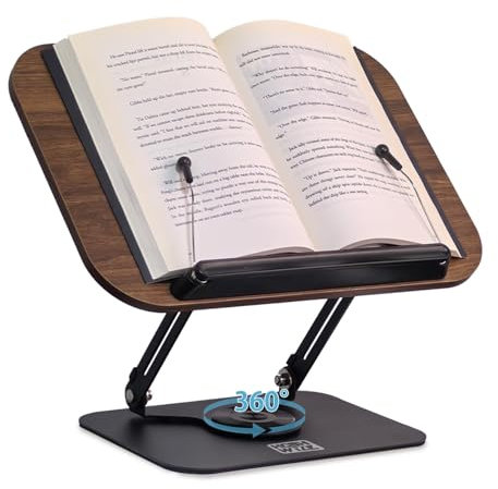 HCSH&WILL Buchständer zum Lesen, verstellbarer Buchhalter mit 360° drehbarem Sockel und Seitenclips, faltbar und tragbar, leicht für Notenblätter, Laptop, Rezept, Schullehrbuch (Holz-Dunkel)