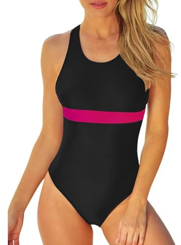 Runmeihe Costume da Bagno Donna, Costumi da Bagno Donna Intero Modellante con Coppe in Schiuma Rimovibili (IT, Numero, 48, 50, Regular, Regular, BlackRed)