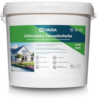 Hausa Fassadenfarbe weiß matt 5L Silikonharz Fassaden Farbe hochdeckende hydrophobe Außenfarbe mit Abperleffekt für alle Außenputze, Beton, Zement, Mauerwerk, Ziegel, witterungsbeständig atmungsaktiv