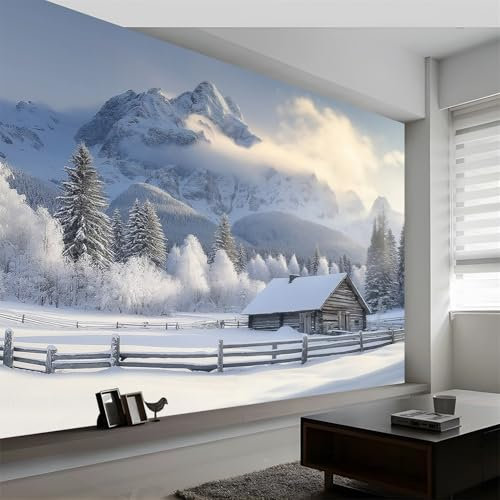 Papier Peint Panoramique Photographie de Paysage 3D Peinte Photographie Scénique Neige Montagne Cabane Intissé Murale, 350 x 256 cm (L x H) Photo Murale pour Salon Chambre d'enfants Décoration Murale