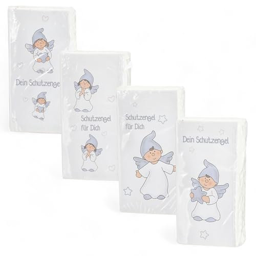 MIJOMA Set Schutzengel Papiertaschentücher bedruckt - 3-lagiges Tissue, Weiß, 10 Stück pro Packung, Mitbringsel zu Weihnachten, Wichtelgeschenk und Genesungswunsch, 4 Designs (4 Packungen)