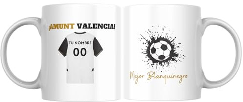 Taza de Fútbol Personalizada con Camiseta de Tu Equipo con Nombre y Número – Regalo para Aficionados al Fútbol – Cerámica de Alta Calidad, Apta para Microondas y Lavavajillas (07 Valencia)