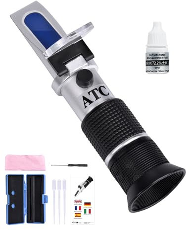 3 in 1 Honig Refraktometer mit ATC Imker Refraktometer Brix 58-92% Wassergehalt im Honig 12-27% Baume Be° 38-43° Refractometer Honig mit 72.2% Kalibrierlösung Handrefraktometer für Honig Sirup Melasse