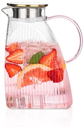 Large 1.8 L Glass Carafe Pink Handle - High Quality Borosilicate Carafe with Tight Closure Ideal for Water, Fruit Drinks, Tea, Milk Mixed Drinks, Premium Glass Container