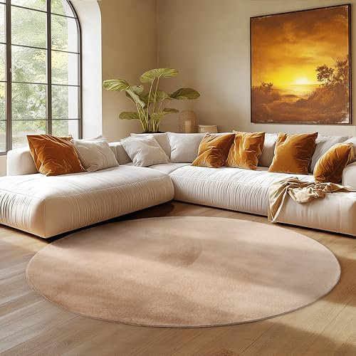 SIMPEX Teppich Wohnzimmer Rund Beige 120 cm Kurzflor Teppich Waschbar, rund, rutschfest & weich, modernes einfarbiges Design für Wohnzimmer, Schlafzimmer, Küche & Kinderzimmer.