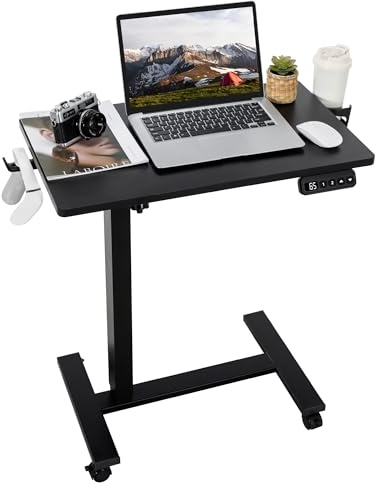 Fromann C Shaped Electric Adjustable Overbed Table with Wheels,Hemp Black | Real-Time Height Tracking (76.9cm-112cm),Compact 68cm x 40cm Tabletop,Ultra-Quiet Motor (≤50dB),360° Rotatable Cup Holder